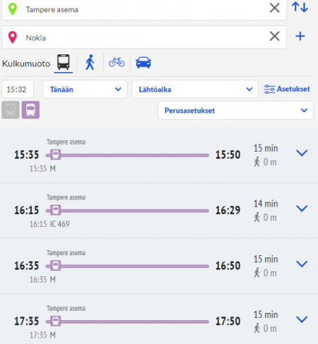 Reittioppaan näkymä, kun lähtöpaikaksi on valittu Tampereen asema ja määränpääksi Nokia.