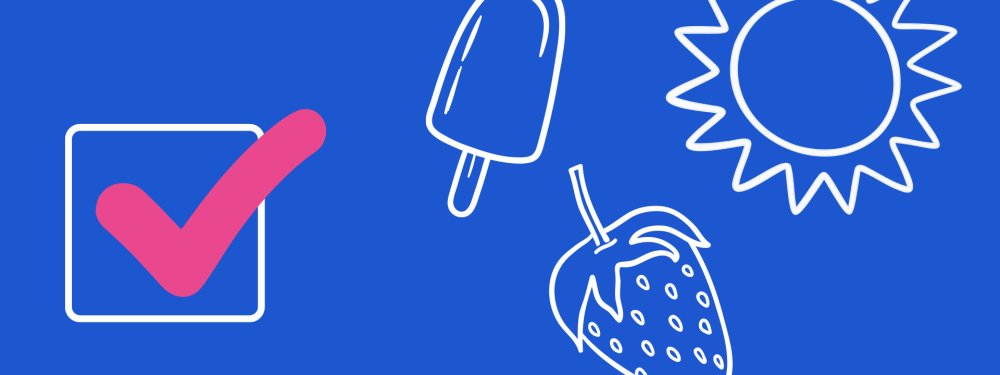 On a blue background, drawings of ice cream, strawberry and sun.
