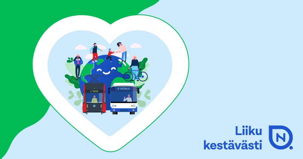 Piirretty sydän, jossa maapallon ympärillä ihmisiä sekä ratikka ja bussi.