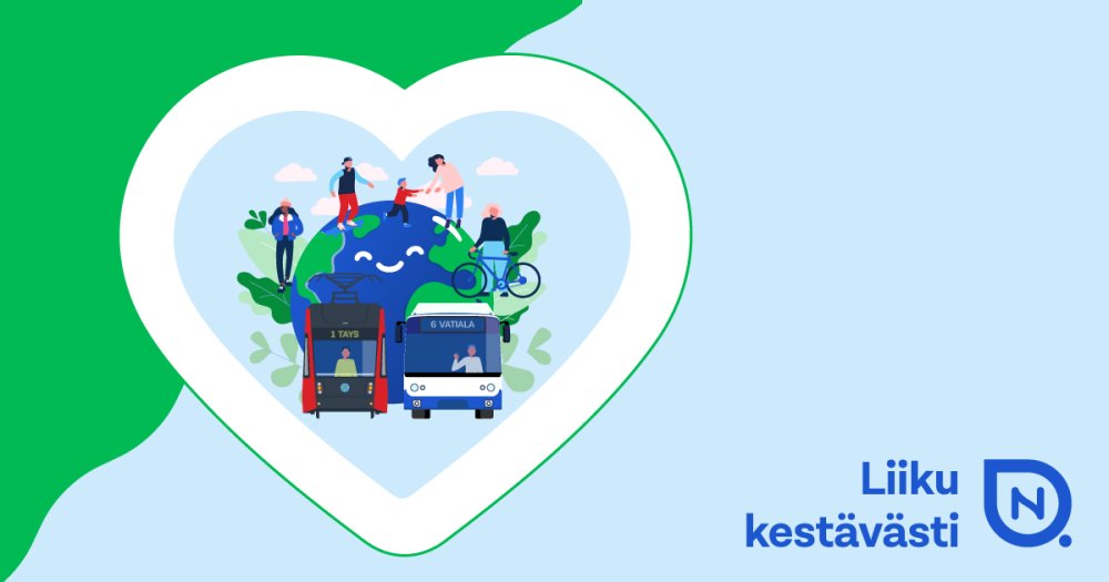 Piirretty sydän, jossa maapallon ympärillä ihmisiä sekä ratikka ja bussi.