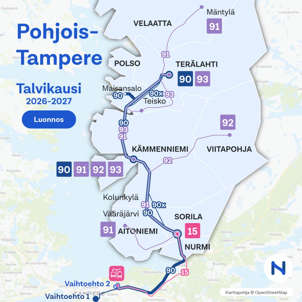 Vaihtoehdot Pohjois-Tampereen linjastosta talvikaudella 2026-2027 kartalla (luonnos).