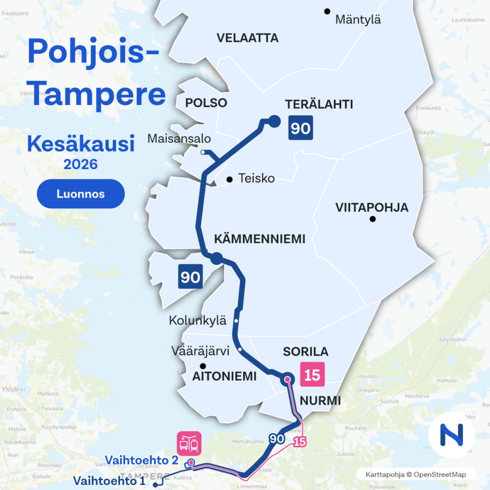 Pohjois-Tampereen vaihtoehtoiset linjat kesäkaudella 2026 (luonnos) kartalla.