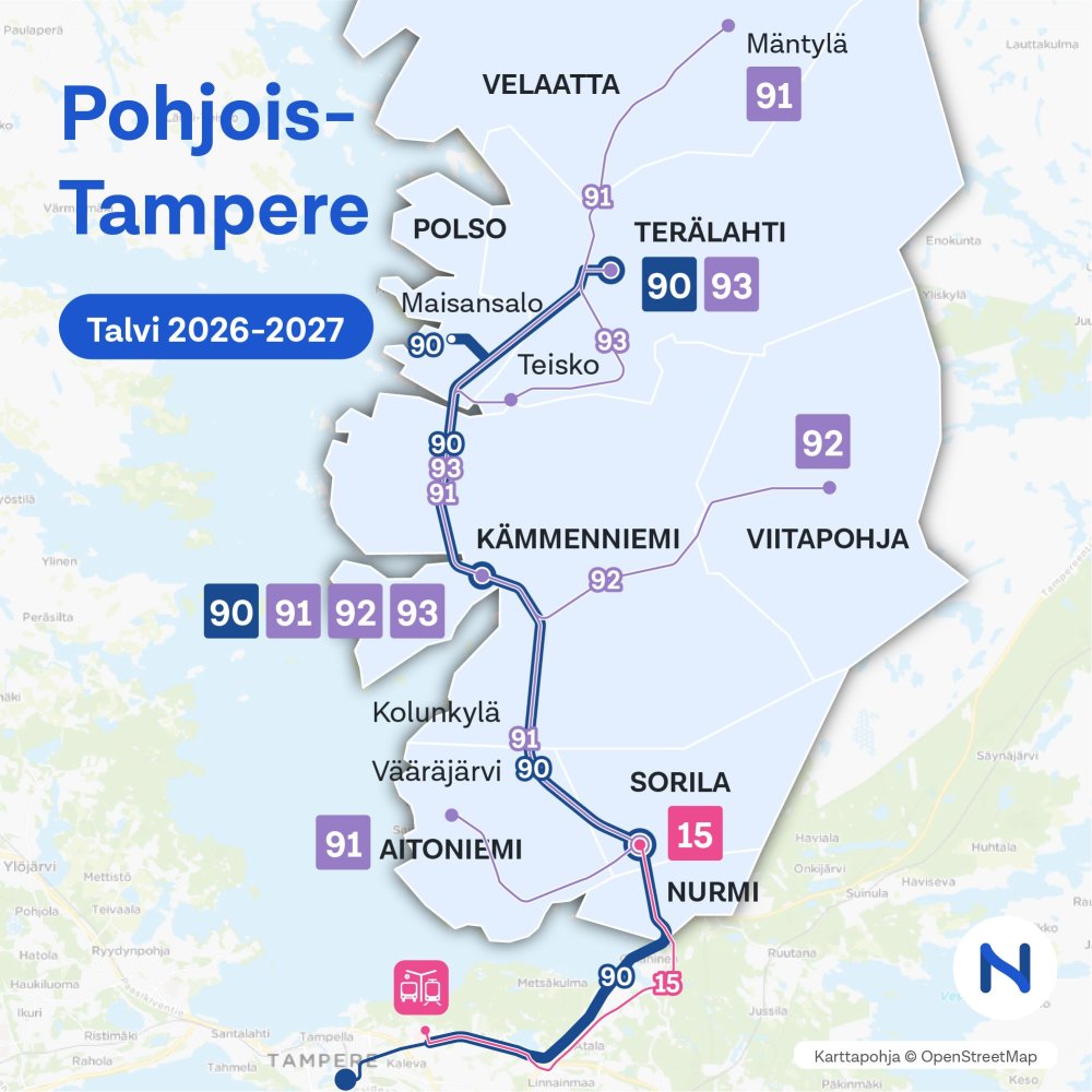 Pohjois-Tampereen linjat talvikaudella 2026-2027 kartalla.