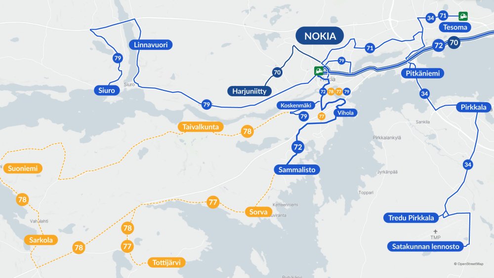 Kartalla näkyy Nokian linjasto, joka otetaan käyttöön elokuussa 2026.