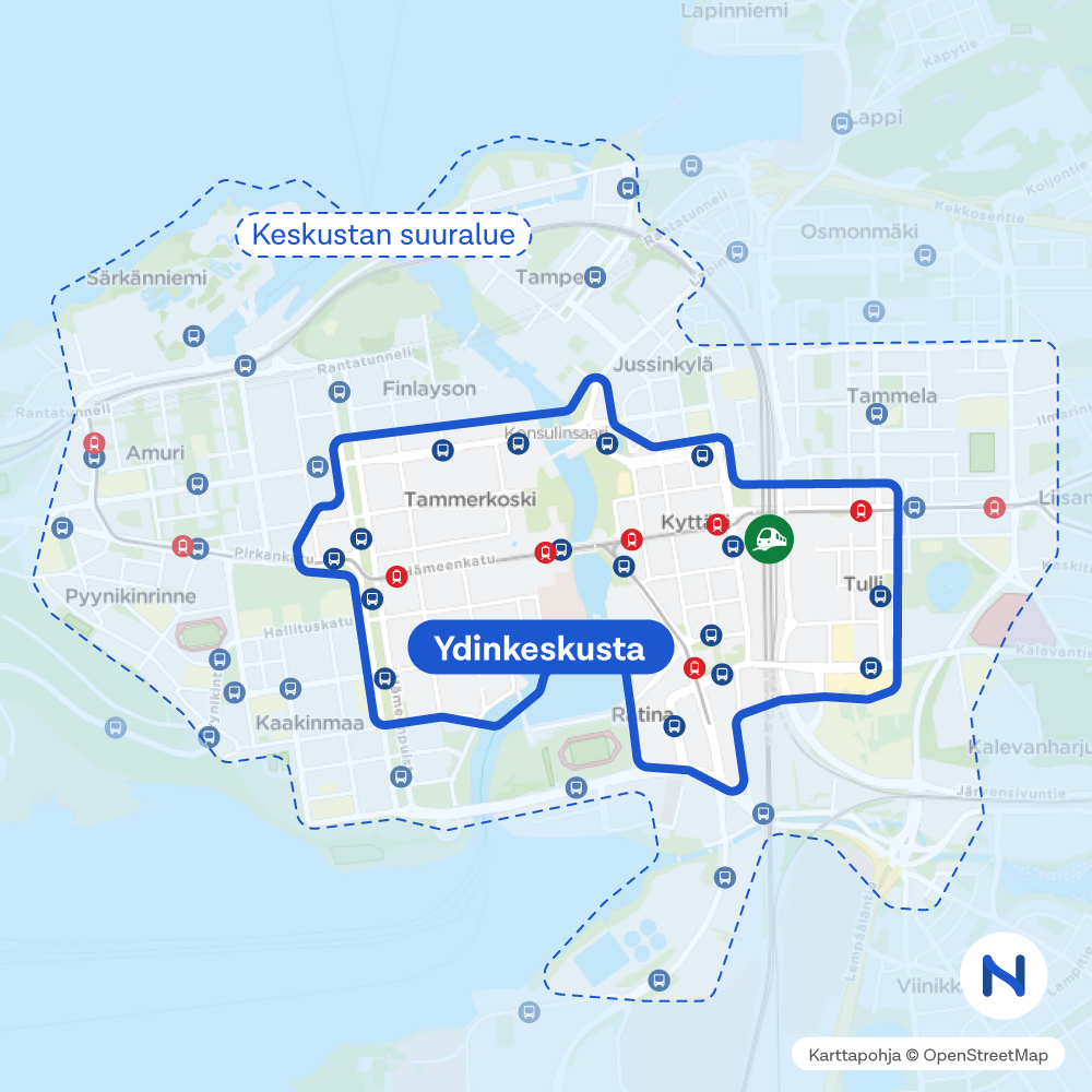 Keskustan aluerajaus kartalla
