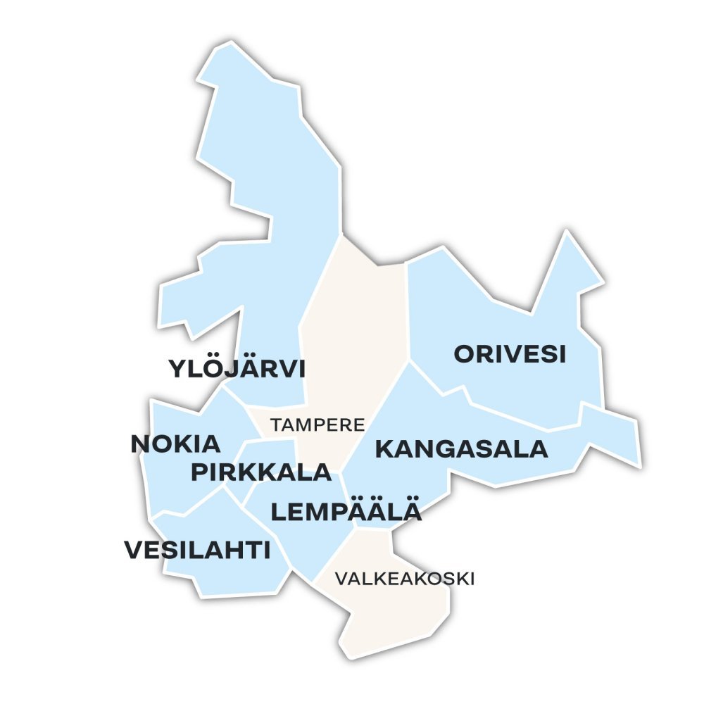 Tampereen naapurikuntiin kuuluvat Kangasala, Lempäälä, Nokia, Pirkkala, Orivesi, Vesilahti ja Ylöjärvi.