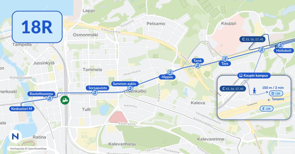 18R reitti kartalla