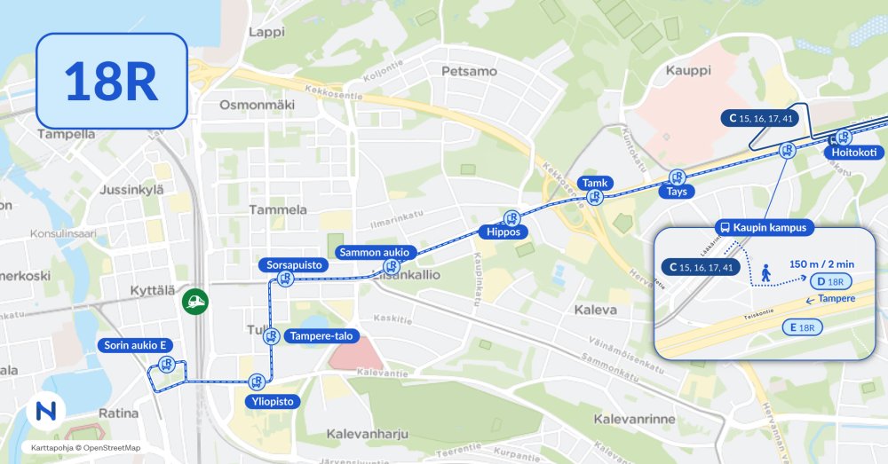 Linjan 18R reitti ja pysäkit kartalla.