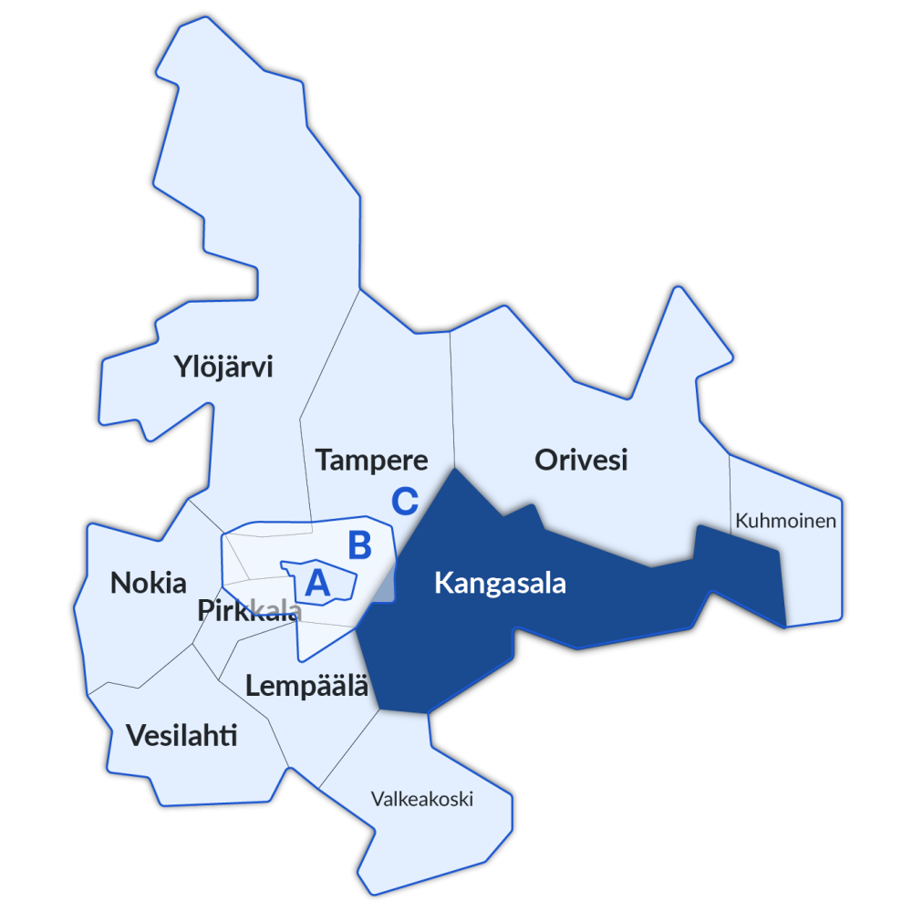 Kangasalan sijainti Nysse-alueen kartalla.