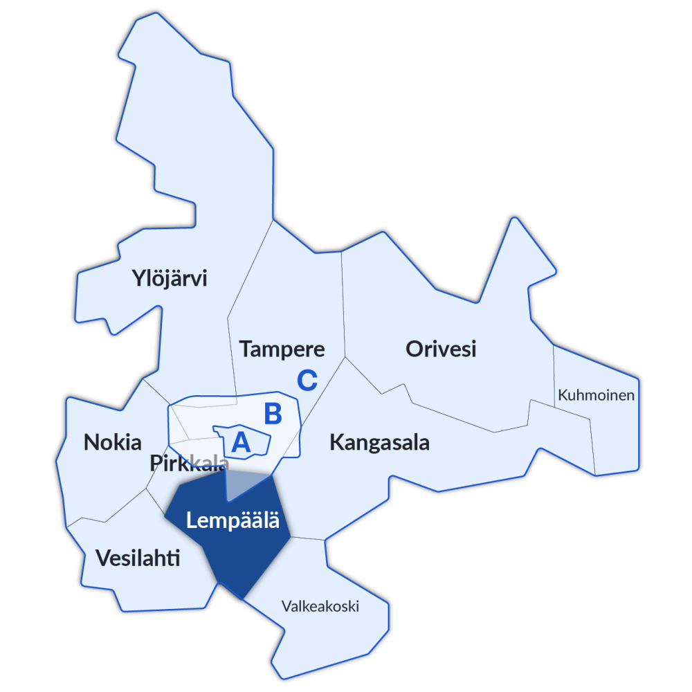 Lempäälän sijainti Nysse-alueen kartalla.