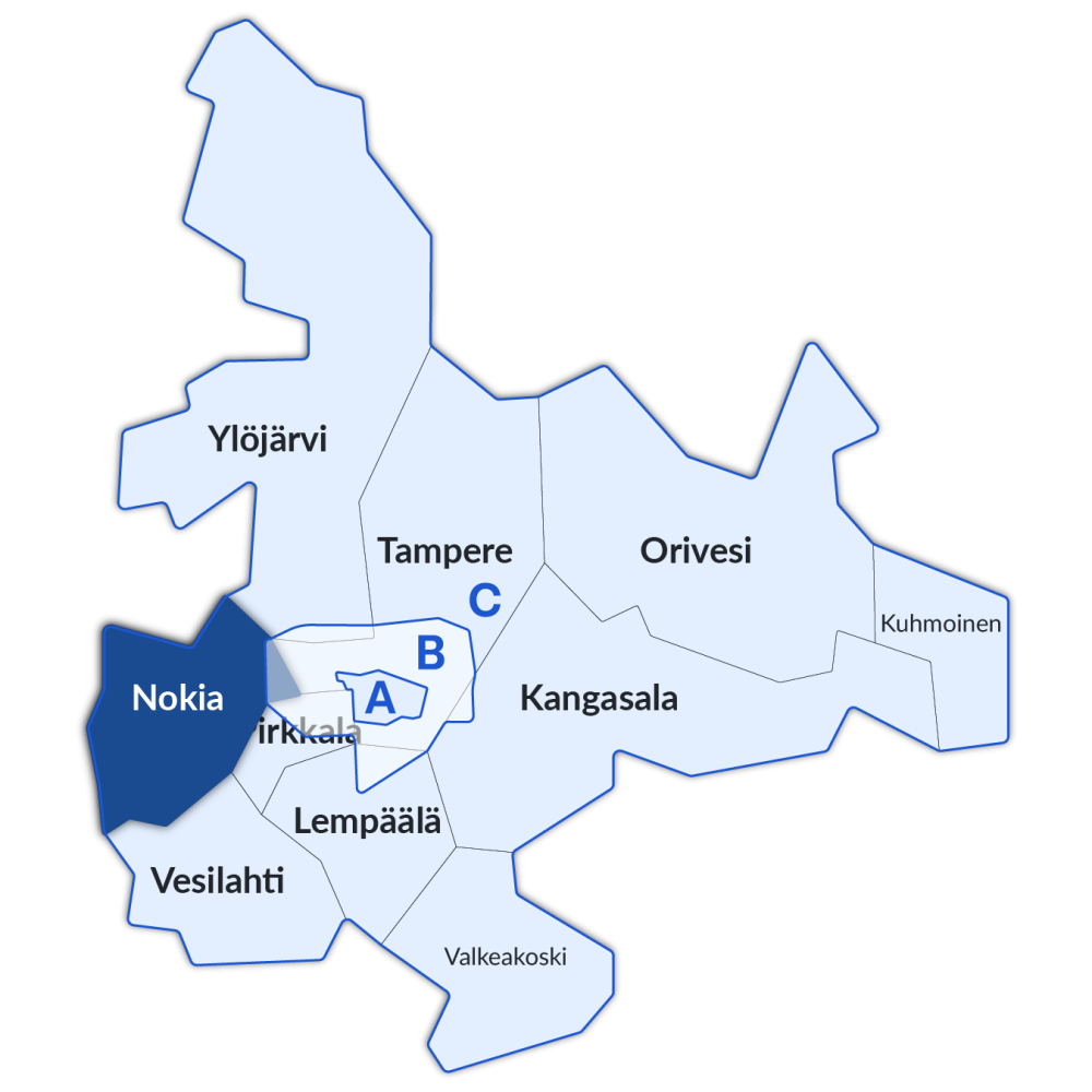 Nokian sijainti Nysse-alueen kartalla.