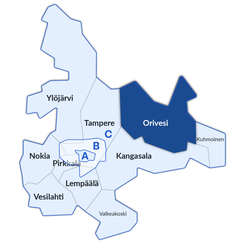 Oriveden sijainti Nysse-alueen kartalla.