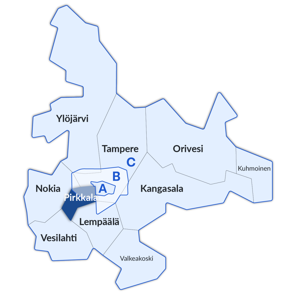 Pirkkalan sijainti Nysse-alueen kartalla.