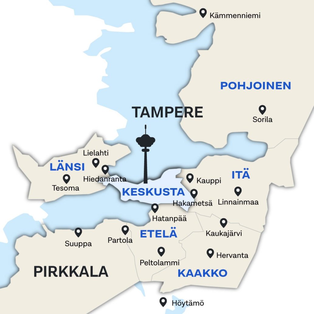 Tampereen keskusta ja lähialueet kartalla