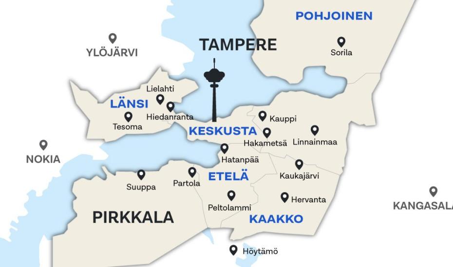 Karttakuvassa Tampereen alueet keskusta, pohjoinen, itä, kaakko, etelä ja länsi sekä Pirkkala.