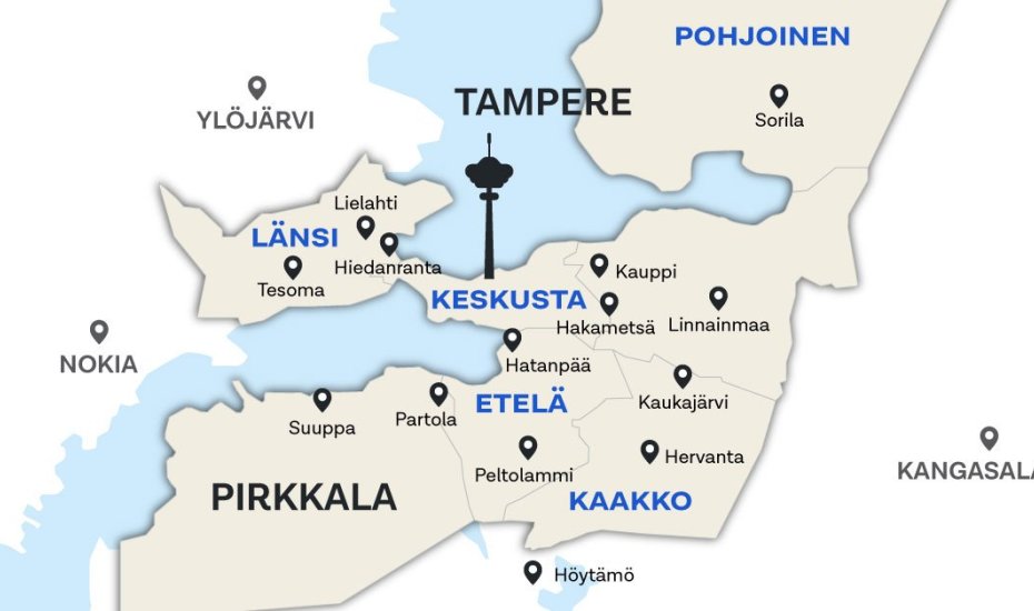 The map shows the following areas of Tampere: the city centre, north, east, south-east, south and west, as well as Pirkkala.
