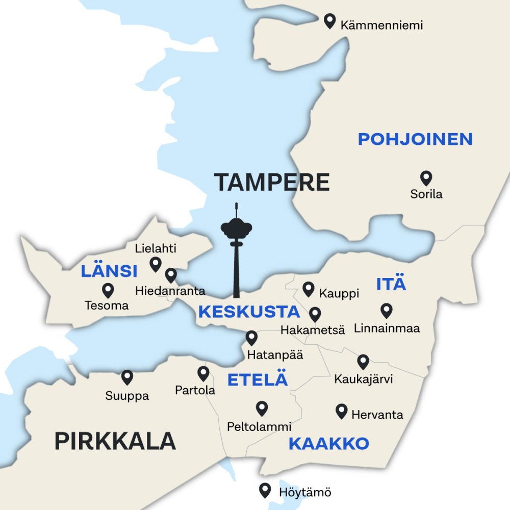 Vaiheen 1 suunnittelualueet kartalla.