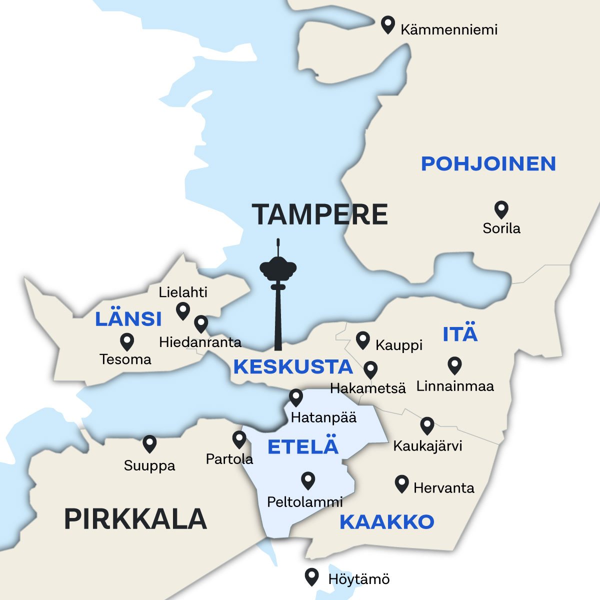 Etelä-Tampereen sijainti kartalla.