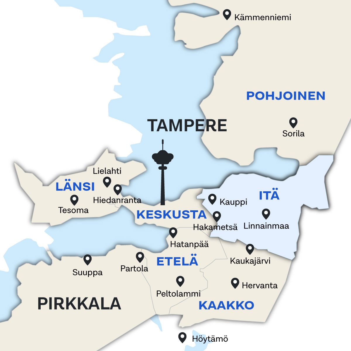 Itä-Tampereen sijainti kartalla.