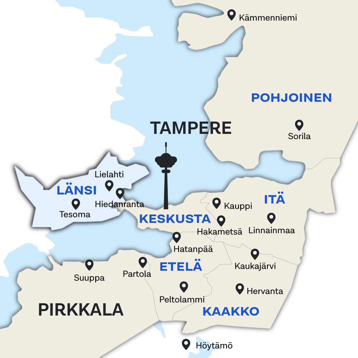Länsi-Tampereen sijainti kartalla.