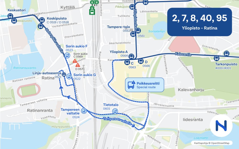 Kartalla näkyy poikkeusreitti, joka kulkee Tampereen valtatien kautta.