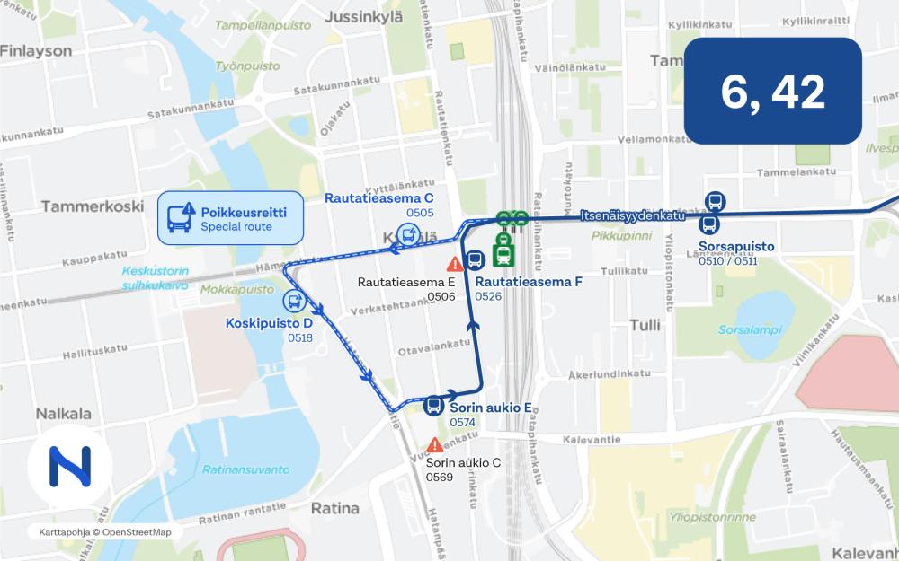 The map shows special routes for lines 6 and 42 in the center of Tampere.