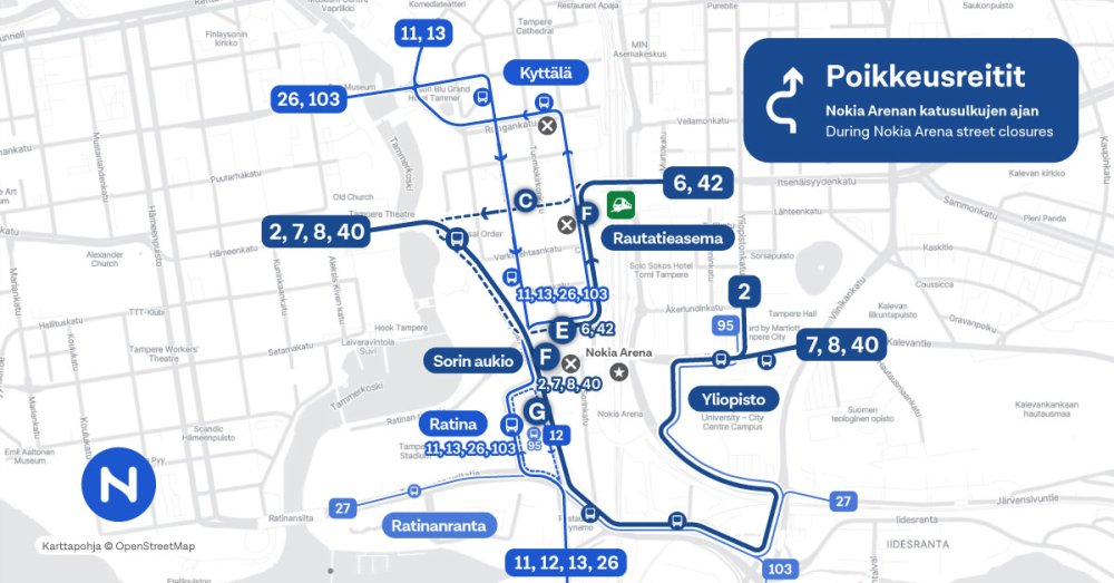 Kartalla näkyy Nokia Arenan tapahtumien aikaiset poikkeusreitit Tampereen itäisessä keskustassa.