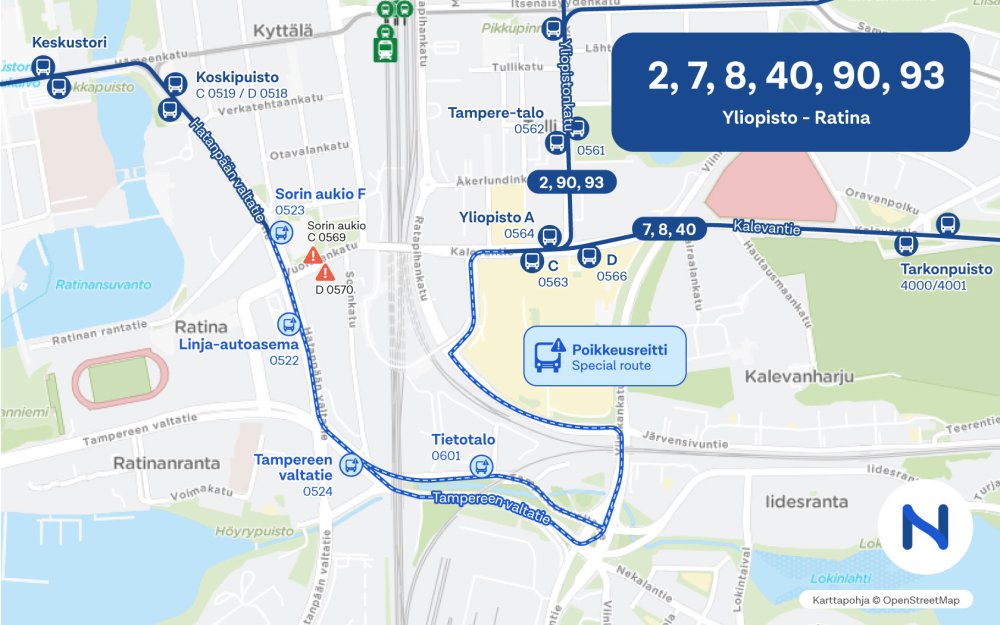Kartalla näkyy poikkeusreitti, joka kulkee Tampereen valtatien kautta.