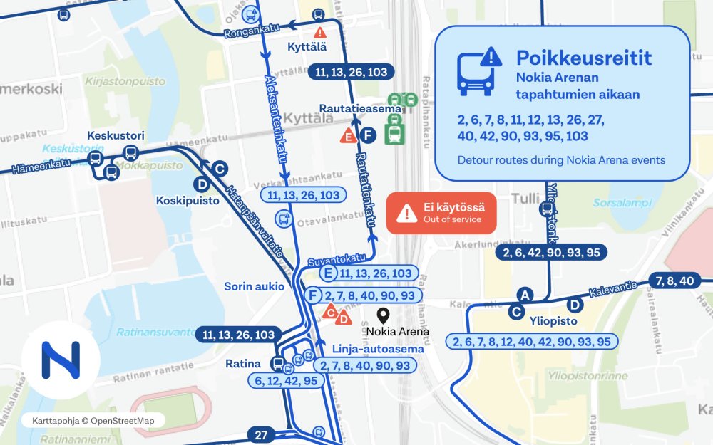 Kartalla näkyy Nokia Arenan tapahtumien aikaiset poikkeusreitit Tampereen itäisessä keskustassa.