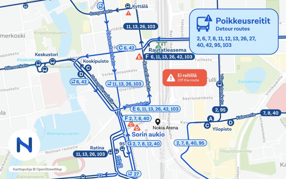 The map shows the detours in the eastern center of Tampere.