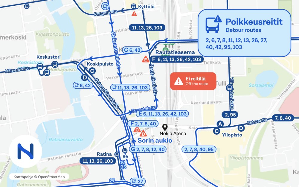 Kartalla näkyy Nokia Arenan tapahtumien aikaiset poikkeusreitit Tampereen itäisessä keskustassa.