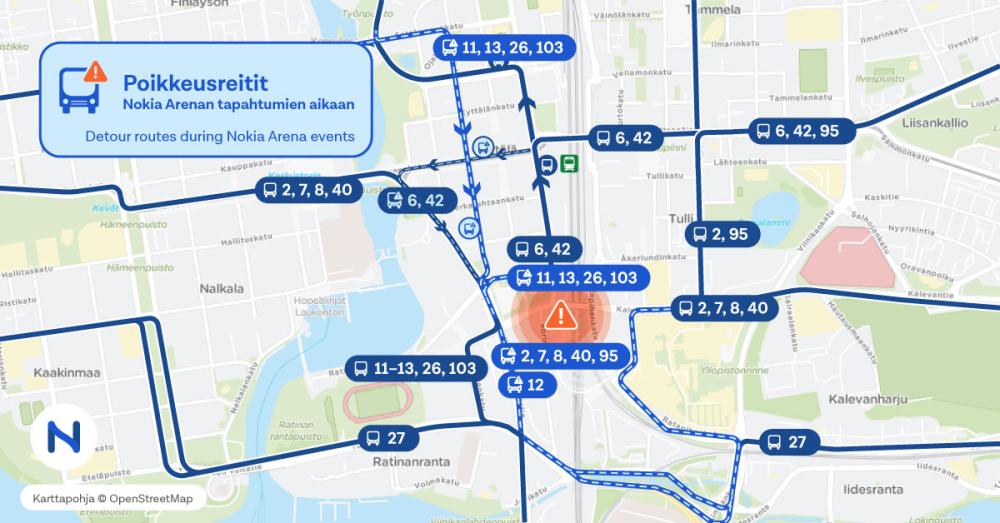 Kartalla näkyy Nokia Arenan tapahtumien aikaiset poikkeusreitit Tampereen itäisessä keskustassa.