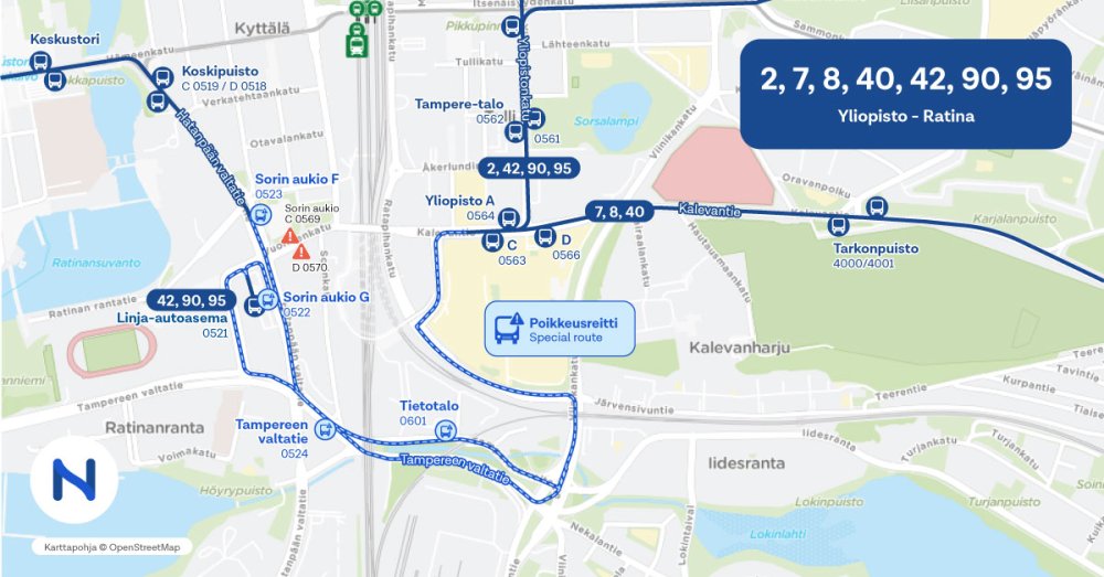 Kartalla näkyy poikkeusreitti, joka kulkee Tampereen valtatien kautta.