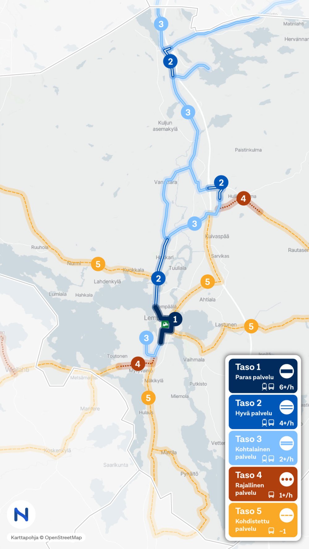 Lempäälän palvelutasoluokat kartalla.