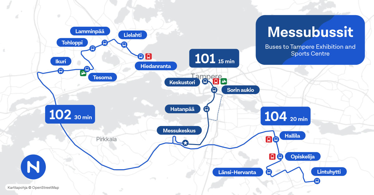 Messubussien reitit kartalla.