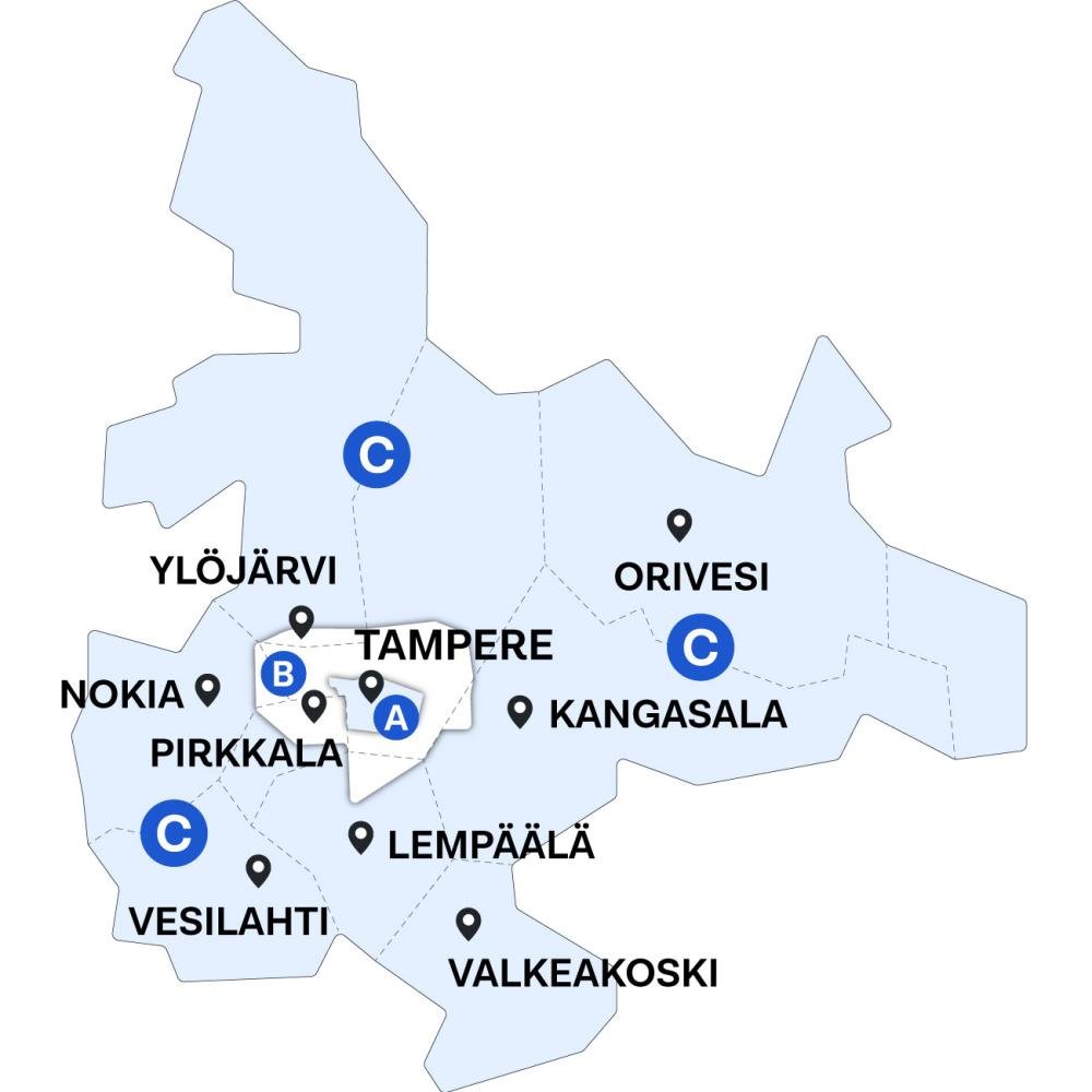 Tampereen kaupunkiseutu on jaettu Nyssen vyöhykkeisiin A, B ja C.