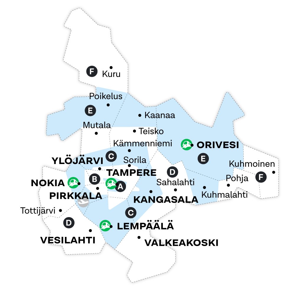 Nyssen palvelualueen sydän on vyöhykkeillä A Tampereella. Pirkkalan ja Ylöjärven keskustat ovat vyöhykkeellä B. Lempäälän, Kangasalan ja Nokian keskustat ovat vyöhykkeellä C. Vesilahti ja Valkeakoski ovat vyöhykkeellä D ja Orivesi vyöhykkeellä E.