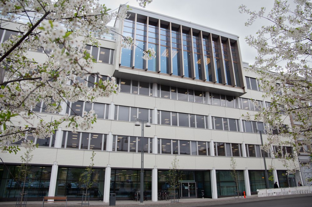Tampereen kaupungintalon B-ovi sijaitsee Aleksis Kiven kadun puolella. 