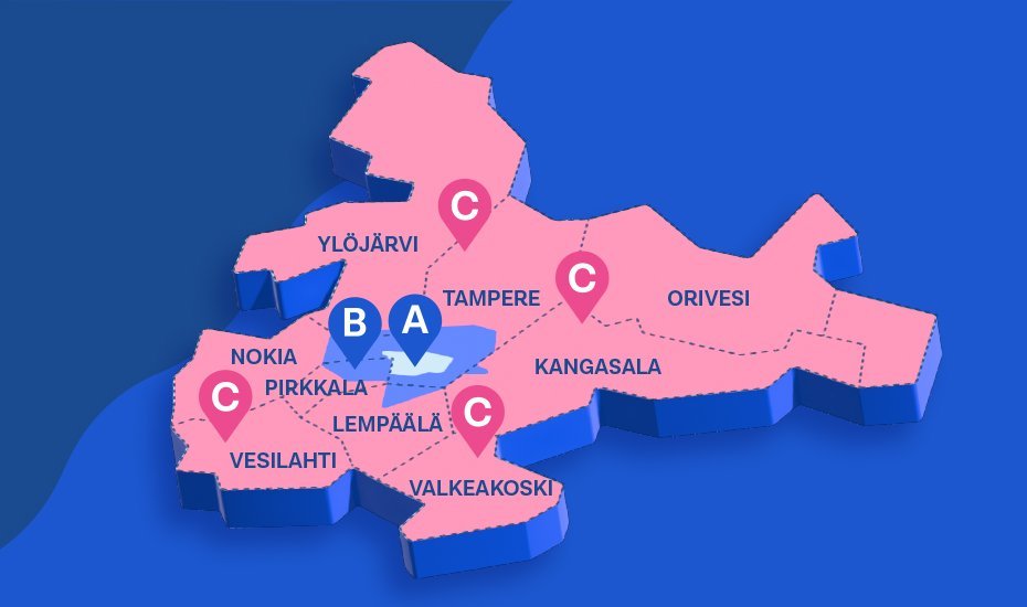 Map of Nysse ABC zones