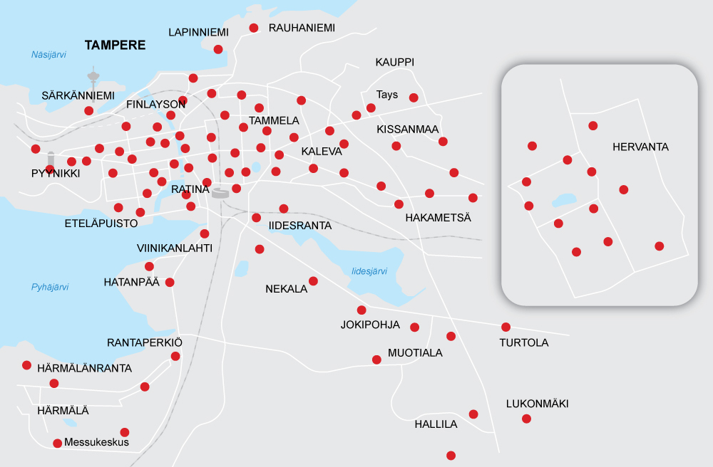 Suuntaa antava kartta kaupunkipyöräasemista kaudella 2022. Ajantasainen tieto on saatavilla kauden aikana Tampereen kaupunkipyörät -sovelluksessa.