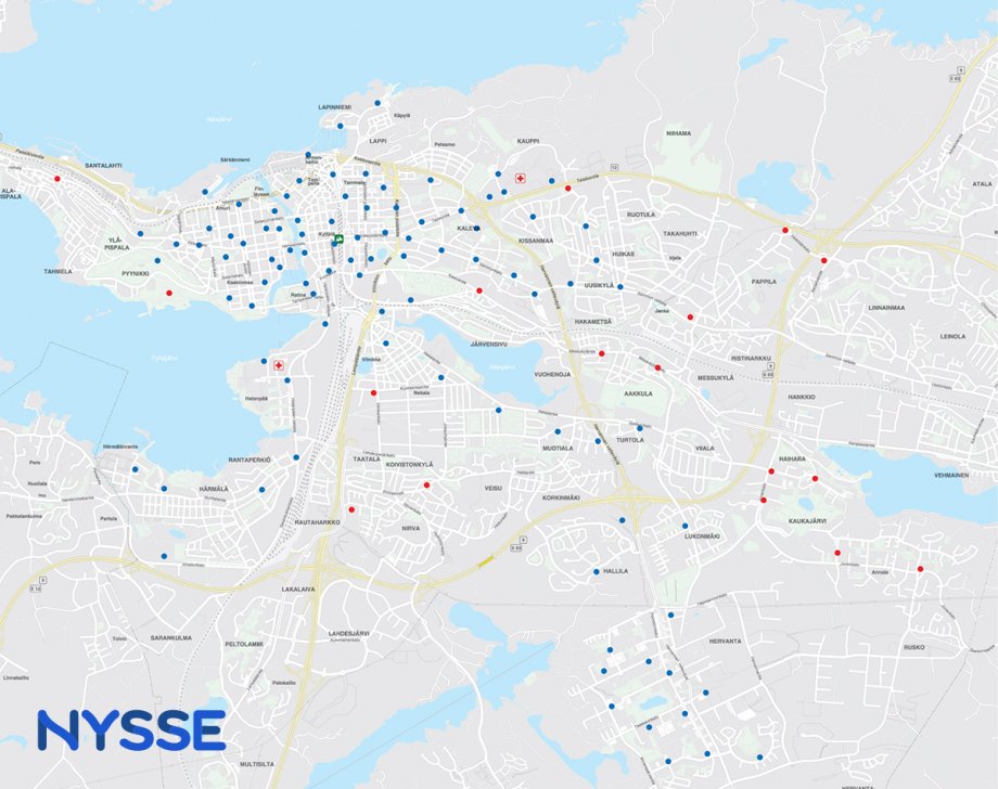 Tampereen kaupunkipyöräasemien sijainnit kaudella 2023. Uudet asemat merkitty punaisella värillä.