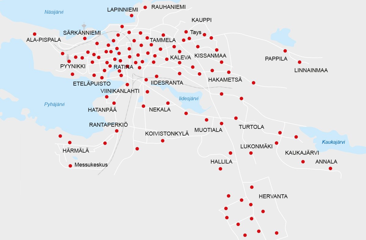 Kaupunkipyöräasemien verkosto kaudella 2023. Ajantasainen tieto kaupunkipyöräasemista on saatavilla kauden aikana Tampereen kaupunkipyörät -sovelluksessa sekä Nyssen reittioppaassa.