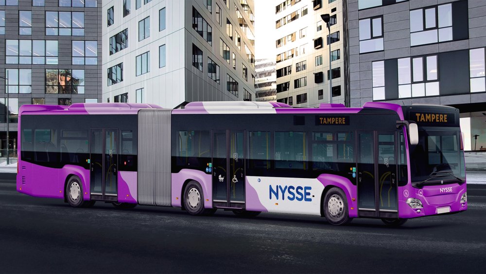 A sketch of the super bus. The bus is a long articulated bus painted in dark and light purple and white