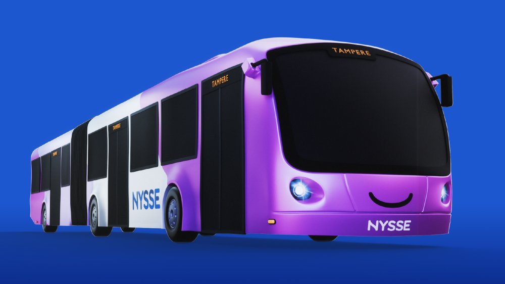 Piirroskuva superbussista. Bussi on pitkä nivelbussi, jonka värityksessä on tummaa ja vaaleaa violettia sekä valkoista. 