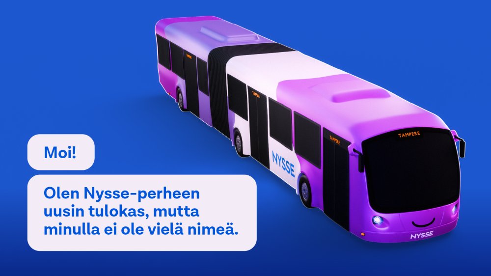 Piirroskuva superbussista. Bussi on pitkä nivelbussi, jonka värityksessä on tummaa ja vaaleaa violettia sekä valkoista. Teksti: Moi! Olen Nysse-perheen uusin tulokas, mutta minulla ei ole vielä nimeä. 