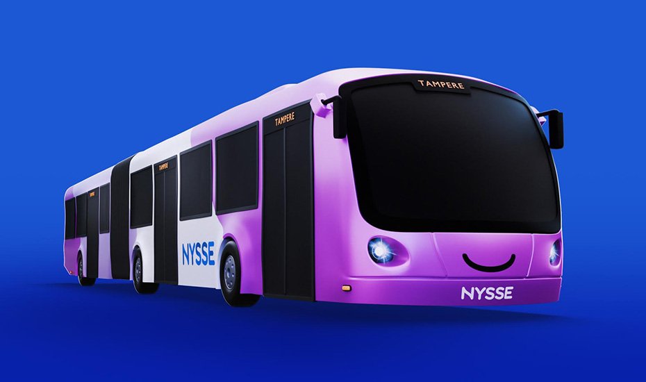 Piirroskuva superbussista. Bussi on pitkä nivelbussi, jonka värityksessä on tummaa ja vaaleaa violettia sekä valkoista.