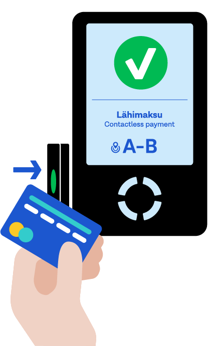 Näin maksat lähimaksulla: 1) Paina lippulaitteen näytöltä lähimaksu-painiketta. 2) Valitse matkasi vyöhykkeet. 3) Käytä maksuvälineesi lippulaitteen vasemmassa lukijassa.
