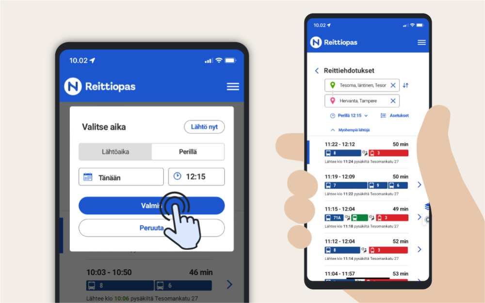 Kohdistin valitsee reittioppaaseen lähtöajan sijaan perillä oloajan. Kädessä olevan puhelimen näytöllä on reittivaihtoehdot.
