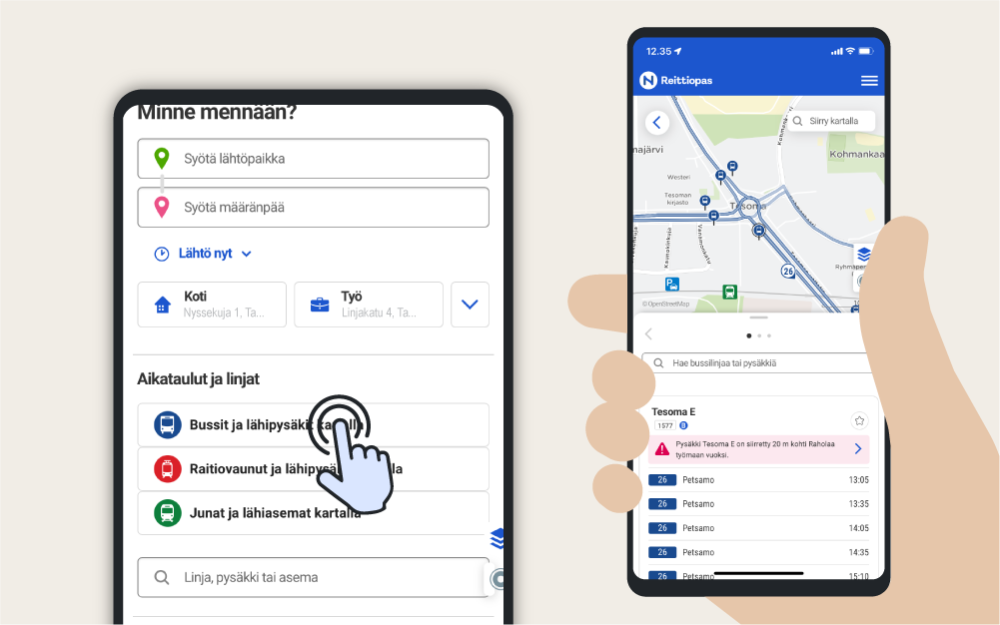 The cursor selects the nearest bus stops. The second phone shows a map and the schedule of nearby stops.