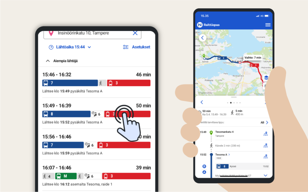 The cursor selects a suitable distance from the list. The other phone shows the map and the steps of the selected journey.